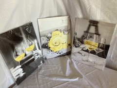 Set of Three Black and White Prints with Yellow Paris Flowers Wine Eiffel Tower