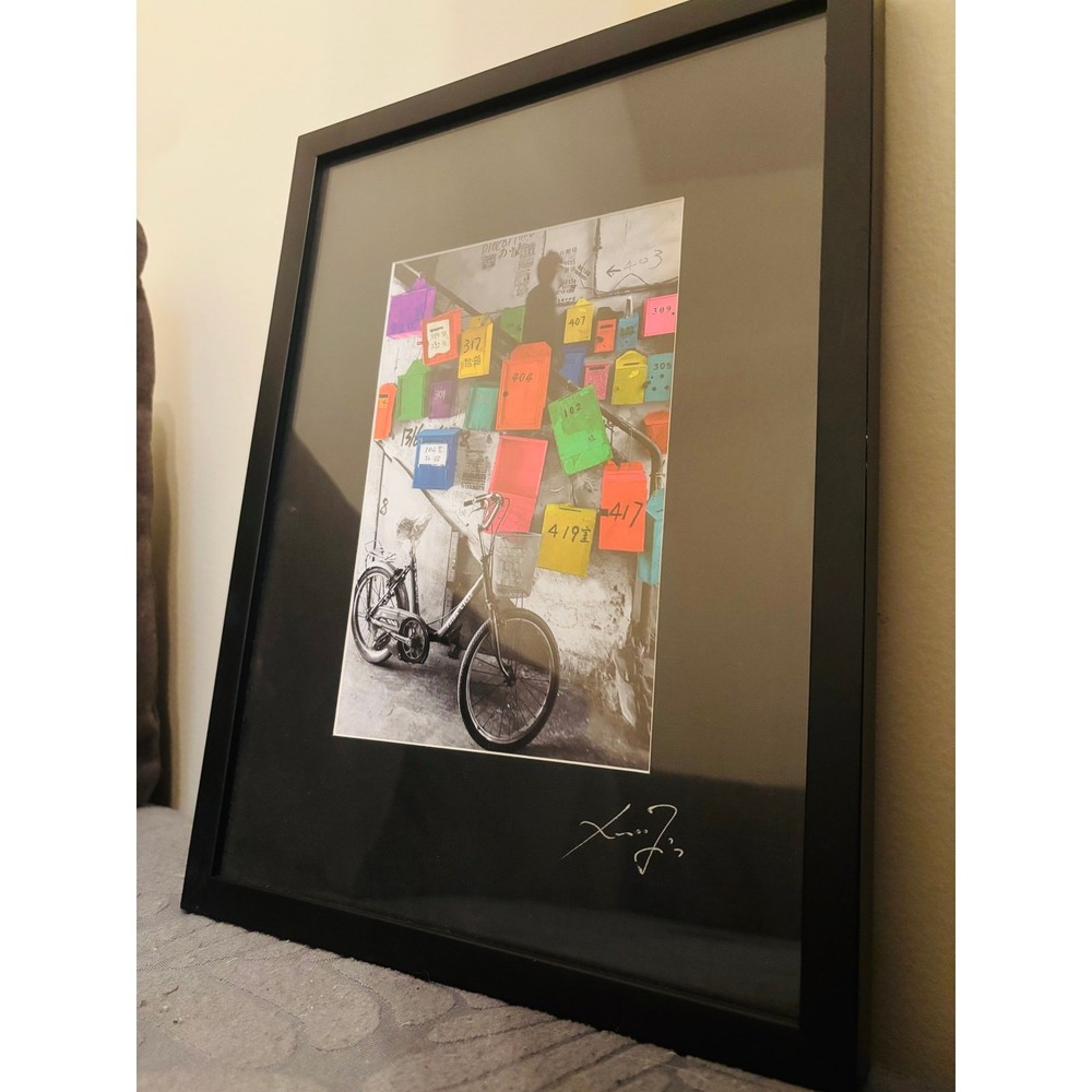 Xuanmin Jin Signed Framed Art Print Bicycle Colorful Mailboxes Urban China Photo