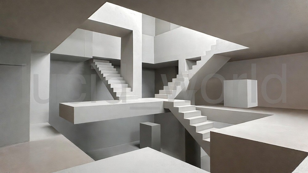 Liminal Space Surrealist Digital Art | Modern Minimalist Geometric Staircase HQ