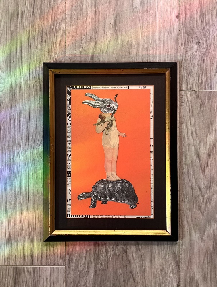 Handmade OOAK collage paper art in vintage black and gold wood frame