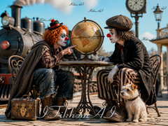 Digital Art Portrait Men Clowns Dog Steam Station Train Globe Wallpaper Desktop