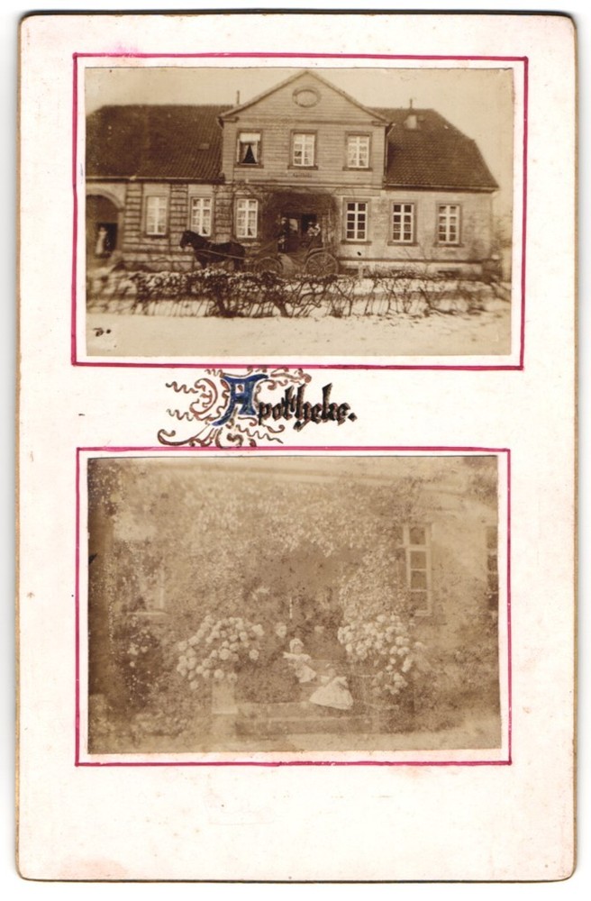 3 photographs Riemsloh, pharmacy with carriage, dairy, residential villa