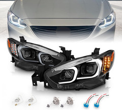 Black Projector Headlights with Glow Bar for 2014-2017 Mazda 6 (Pair) High/Low B