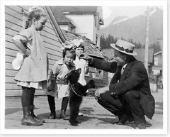 Children Kids Playing With Bear Cub Alaska 1910’s Vintage Silver Halide Photo