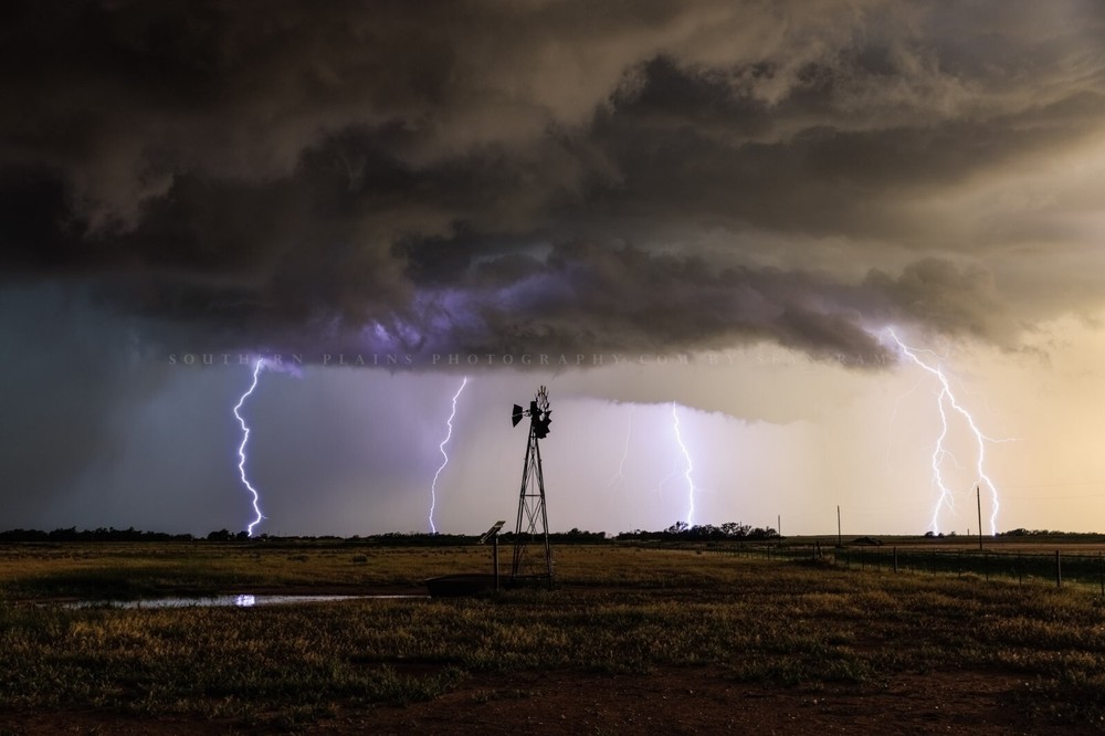 Storm Photography Print: Oklahoma Windmill Lightning Farm Weather Country Photo