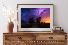 Stormy Sky with Lightning Over Road and Trees in Oklahoma Photo Print (Unframed)