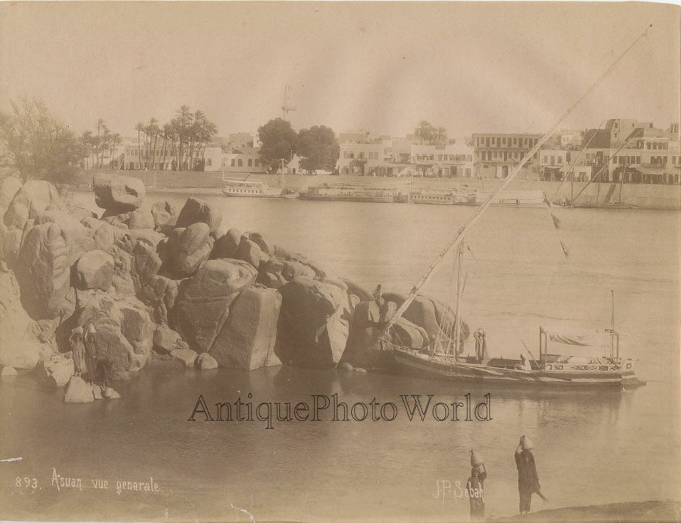Egypt Aswan city panorama ships antique albumen art photo by Sebah