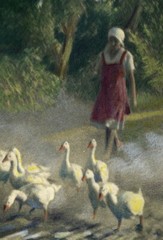 Larger size signed hand colored fine art Photograph, peasant girl walking with g
