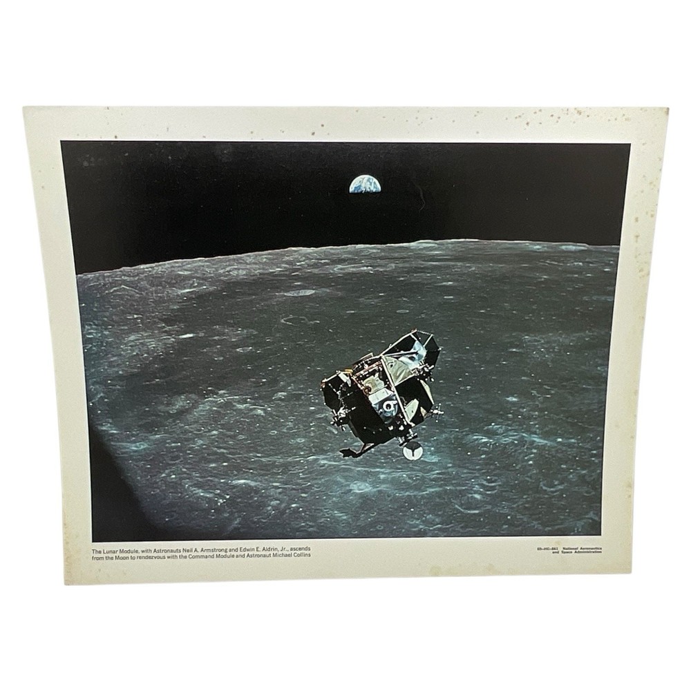 NASA Apollo 11 Lunar Module Ascends Moon with Earth Photo 1969