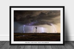 Storm Photography Print: Oklahoma Windmill Lightning Farm Weather Country Photo