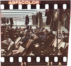 early AGFACOLOR slide, elegant woman and man traveling on ship, Hungary, Danube,