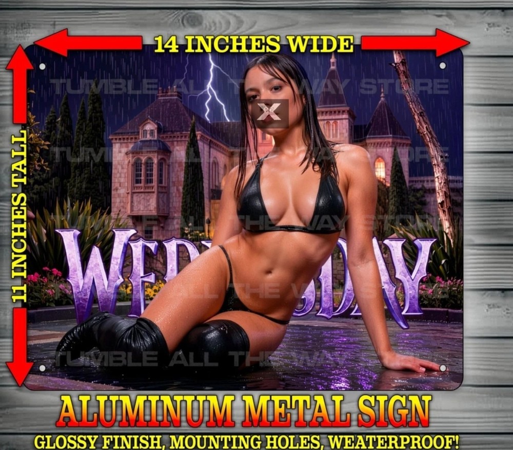 Sexy Wednesday Cosplay Goth Bikini in Rain Metal Sign Wall Art 14″ x 11″