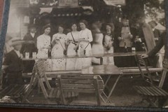 Great old photo on cardboard – party, vineyard?? Austria? soldiers
