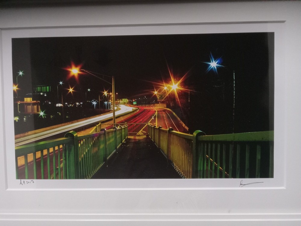 Orig. AP dramatic art photo of nighttime highway, signed/framed