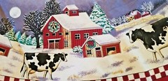 Checkered Winter Scene Church Home Cows White and Red Tree Skirt Large 69.5″