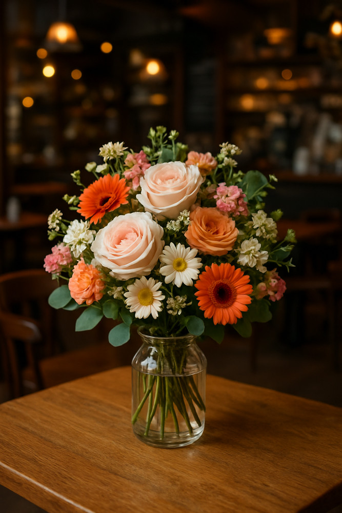 Fresh Flower Bouquet in Glass Vase – Roses & Gerbera Daisies Centerpiece