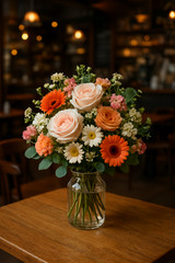 Fresh Flower Bouquet in Glass Vase – Roses & Gerbera Daisies Centerpiece