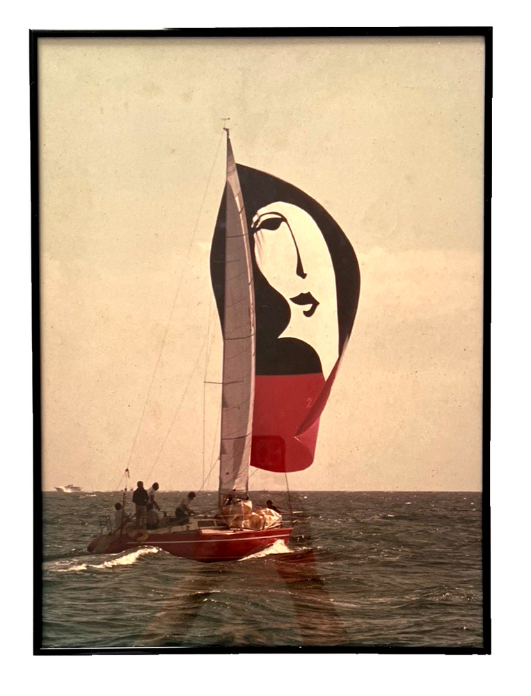 Vintage ART DECO Sailboat Photo Framed Lady Face Sail 18″H x 13″W Photograph