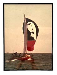 Vintage ART DECO Sailboat Photo Framed Lady Face Sail 18″H x 13″W Photograph