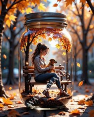 Digital Image Girl with a Dog Autumn Picture Wallpaper Desktop Wall Art A81
