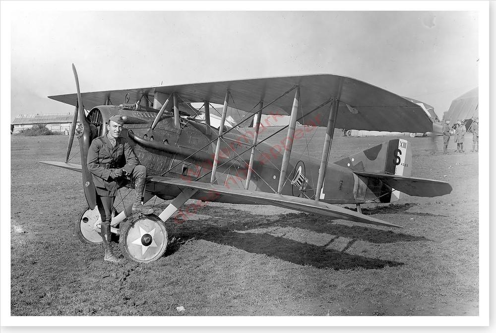 WWI Eddie Rickenbacker 94th Aero Squadron With SPAD XIII Silver Halide Photo