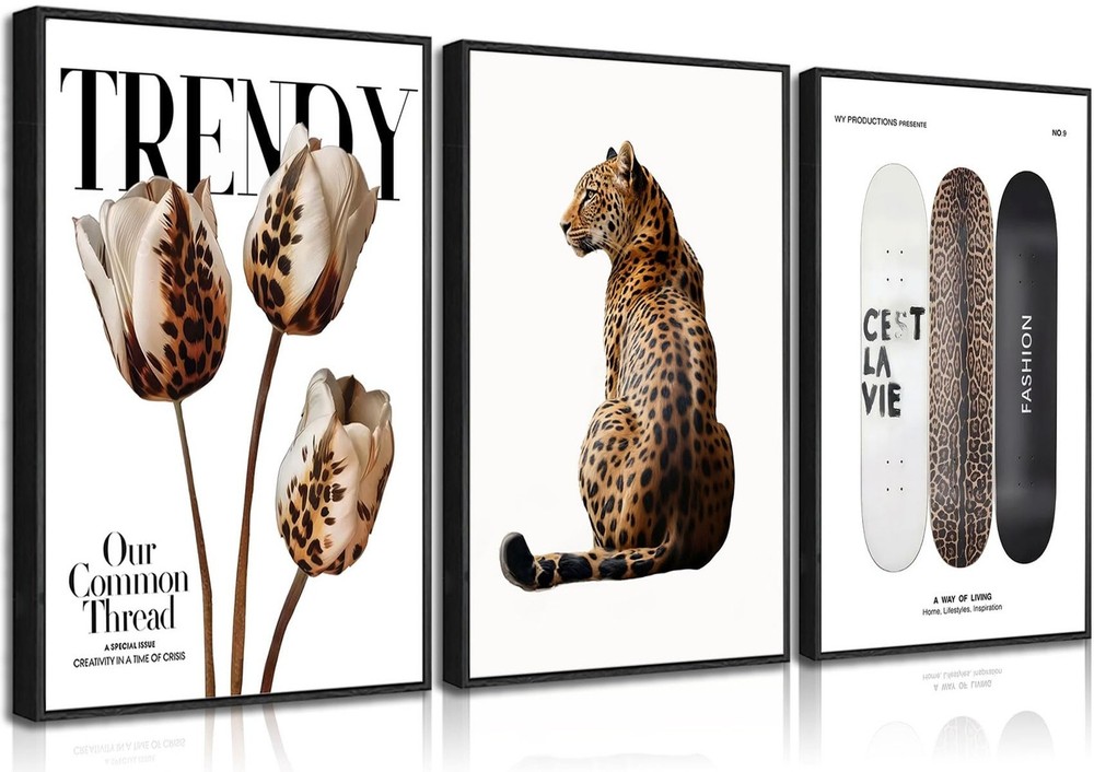 3Pcs Black Framed Trendy Leopard Print Canvas Wall Art Picture Stylish Female…