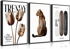 3Pcs Black Framed Trendy Leopard Print Canvas Wall Art Picture Stylish Female…