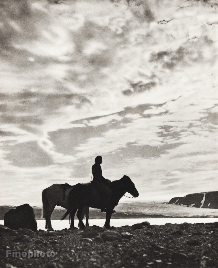 1934 Vintage ICELAND Man Horses Lava Rock Glacier Landscape Photo Art By HEERING