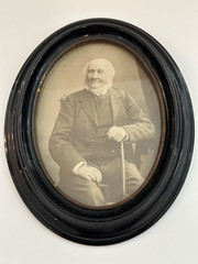 Oval Framed Black & White Sepia Photo of a Man with a Cane from Sweden b. 1823