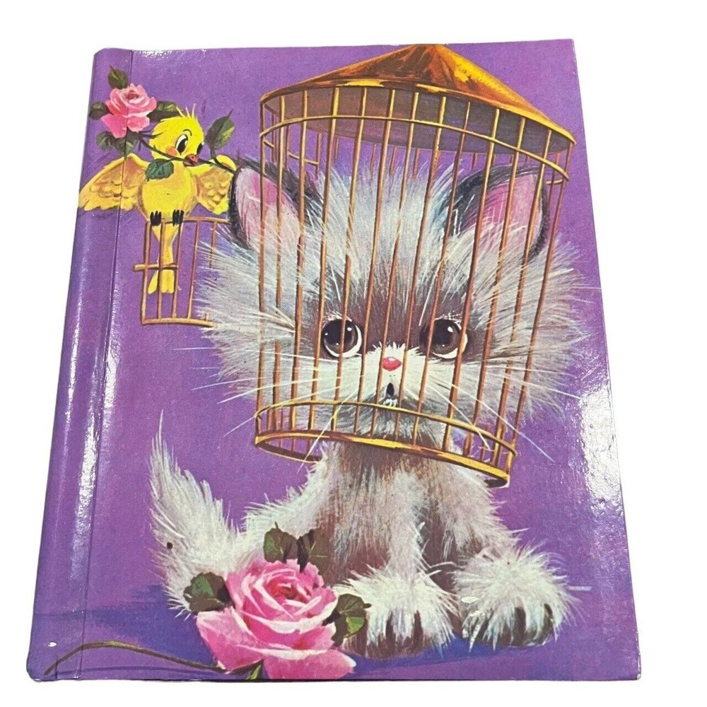Vtg Photo Album Peel Stick Cat W/Head In Bird Cage Album Holder Organizer ‘71
