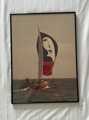 Vintage ART DECO Sailboat Photo Framed Lady Face Sail 18″H x 13″W Photograph