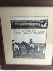 rare vintage black & white photograph of jockey, J. combest riding blonde Dude