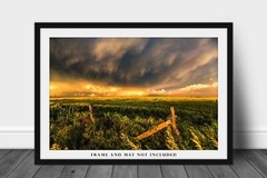 Stormy Sky Over Field and Fence Posts Kansas Country Farm Photography Print