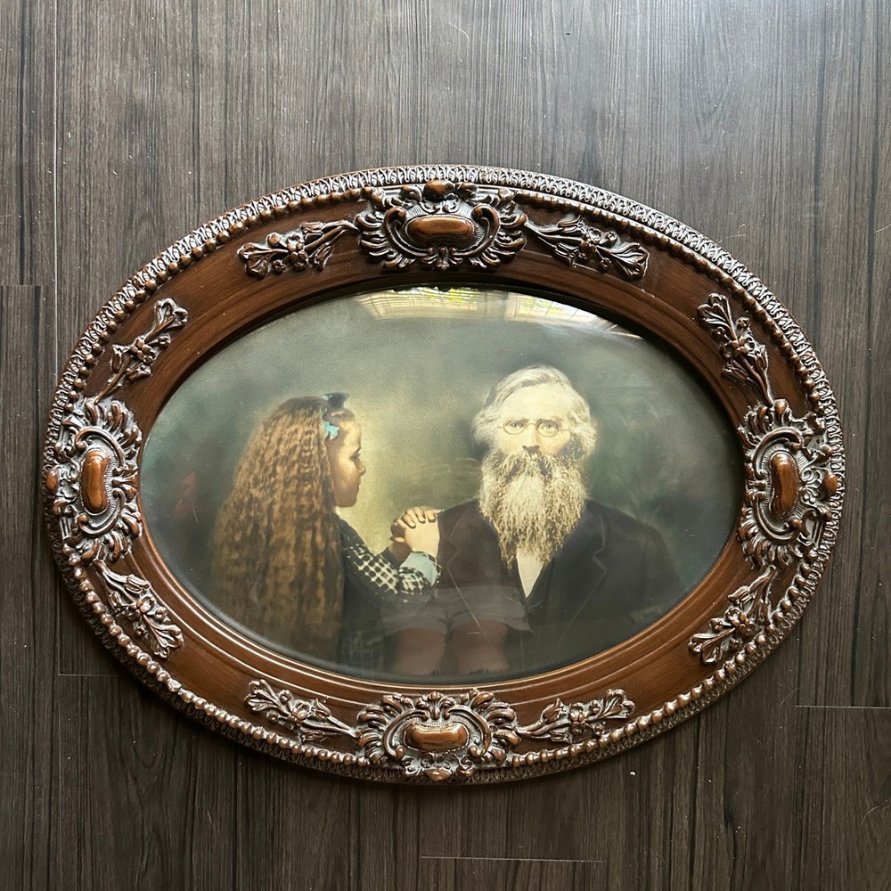 Antique Victorian Oval Dome Framed Old Man Young Girl Father Daughter Picture