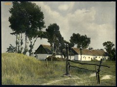 Larger size hand colored fine art Photograph, farm w clouds, 1930’s
