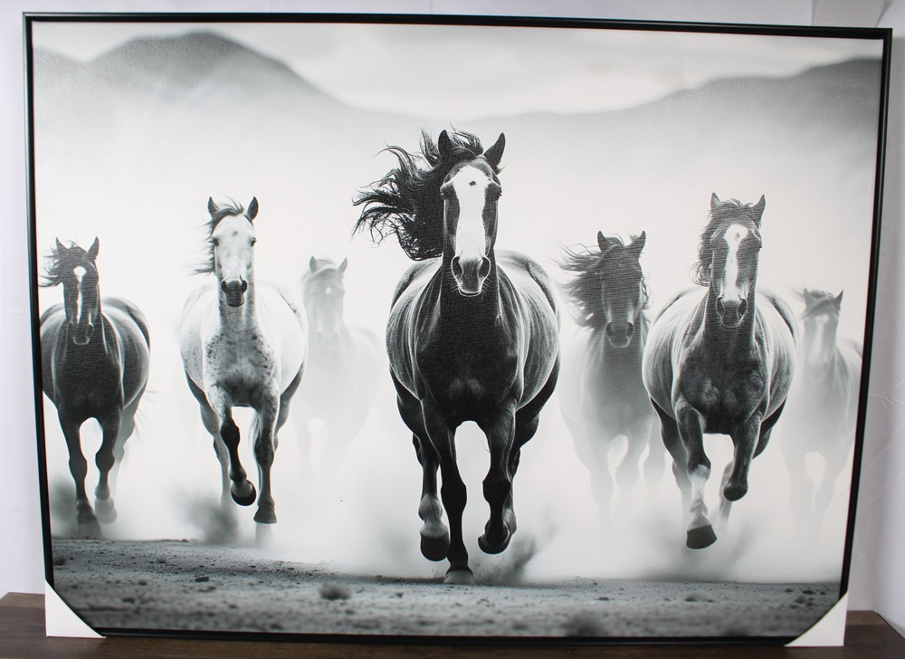 Large Running Horses Canvas Wall Art Black White Framed 40×30 Modern Decor