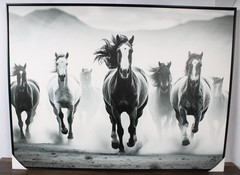 Running Horses Canvas Wall Art Black White Framed 40×30 Modern Decor Large