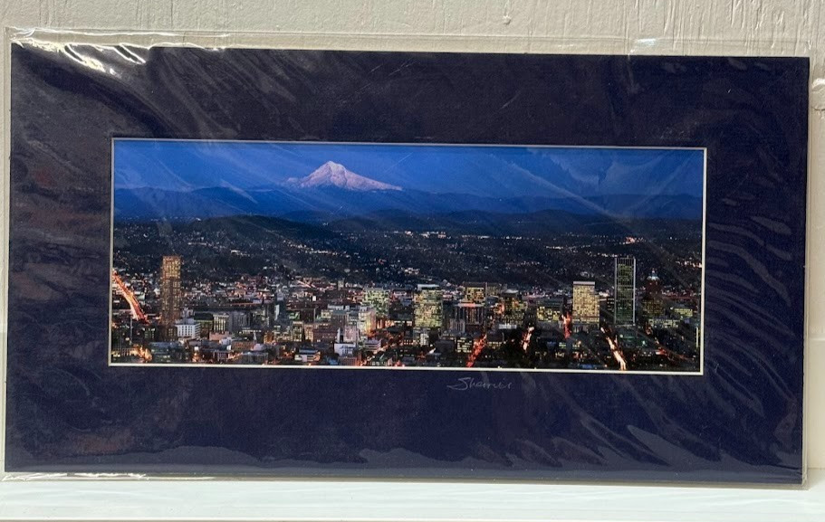 Portland Oregon Skyline at Night Photo Signed Sherrill Mt Hood Panoramic PNW Art