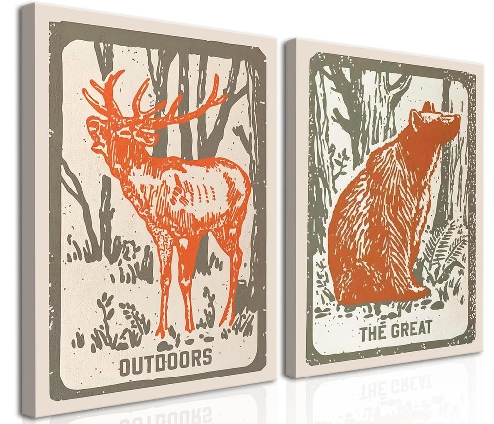 Framed Funny Woodland Deer Bear Canvas Wall Art Set of 2, Vintage Rustic Fore…