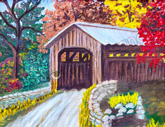 Covered Bridge in Fall Foliage Art Instant DIGITAL Farmhouse Cottagecore Rustic
