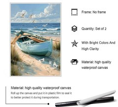 2Pcs Blue Coastal Canvas Wall Art Beach Boat Posters Prints Ocean Seawe and S…