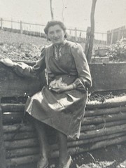 ❤️ Lot 2 Photos Woman with Rabbit in Garden Circa 1940s Dress Vintage 6×9