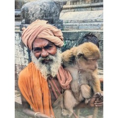 Original 5×7 India Ganges Photograph Man with Monkey Framed Travel Art 1991
