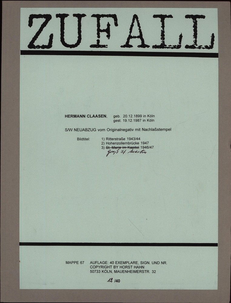 Claasen, coincidence. Binder 67. [3 Original Black and White Photographs].