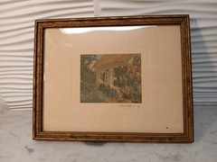 Wallace Nutting «Hollyhock Cottage» Antique Signed Print Hand Tinted