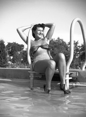 pretty woman smiling in swimsuit, strand, Budapest, by Szendrő (Szendro), origin