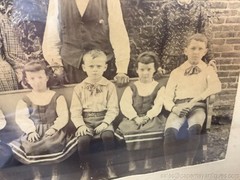 Antique Family Photo Wood Frame Children on Church Bench 3 Adults Brick Building