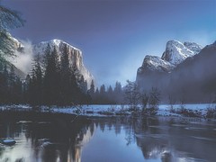 Yosemite Valley from the Merced River View in Winter Snow