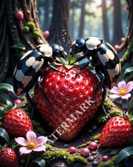 Digital Image Strawberry Beetles Picture Wallpaper Desktop Wall Art A83