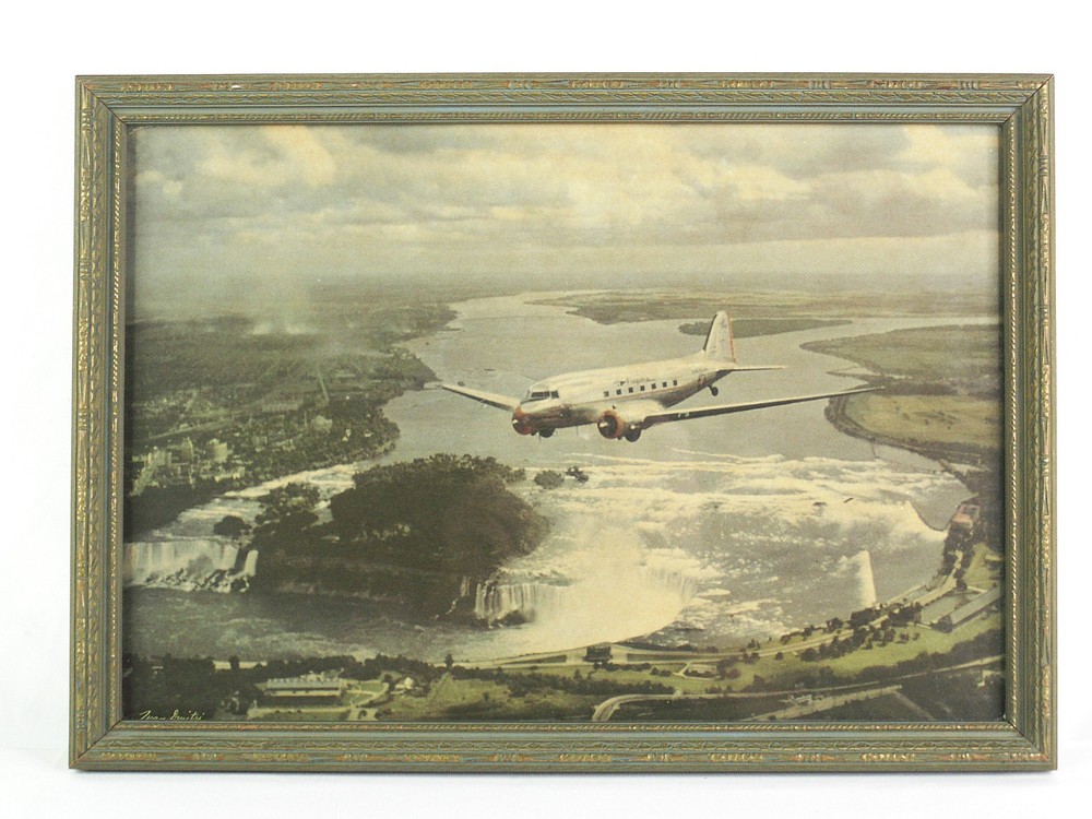 Vintage 1941 Framed Photo Of Airplane Flying Over Niagarafalls 15-3/4″W x 11″H
